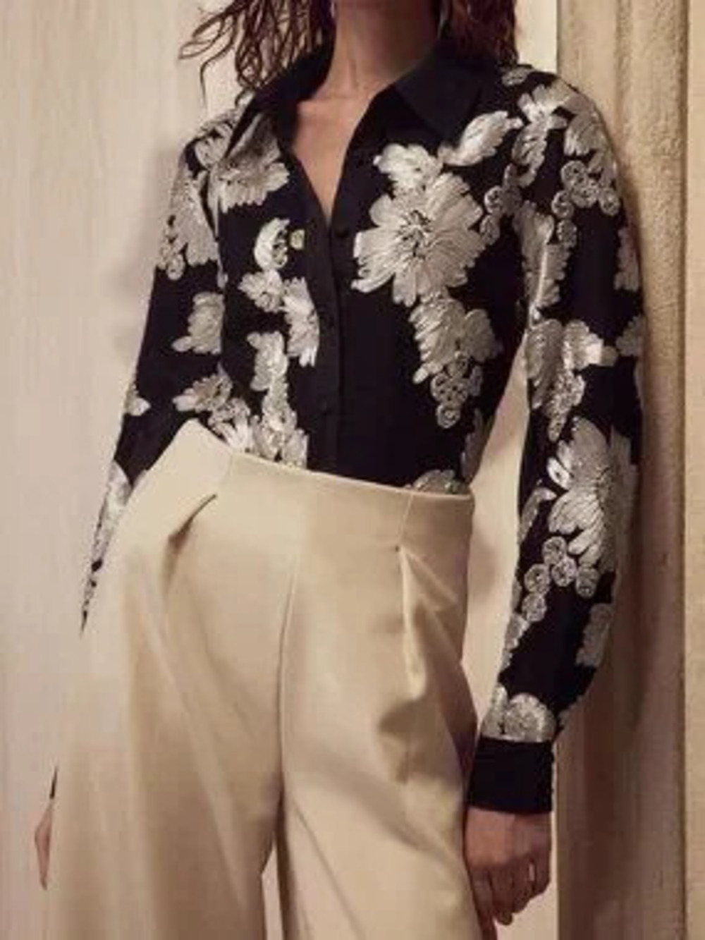 Black Elegant Women's Embroidered Button Up Shirt